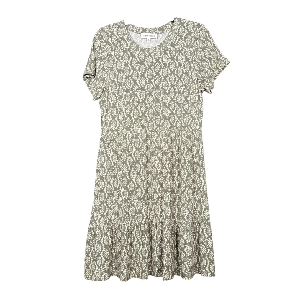 Lucky Brand Sage Green Leaf Print Tiered Knit Mini Dress Womens Medium
